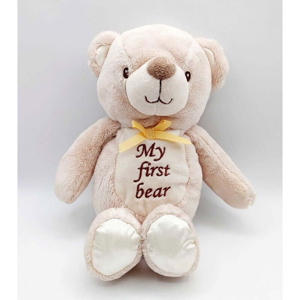 Kellytoy Plush My First Bear Teddy Rattles Beige 14” 2017 Yellow Bow Stuffed Toy